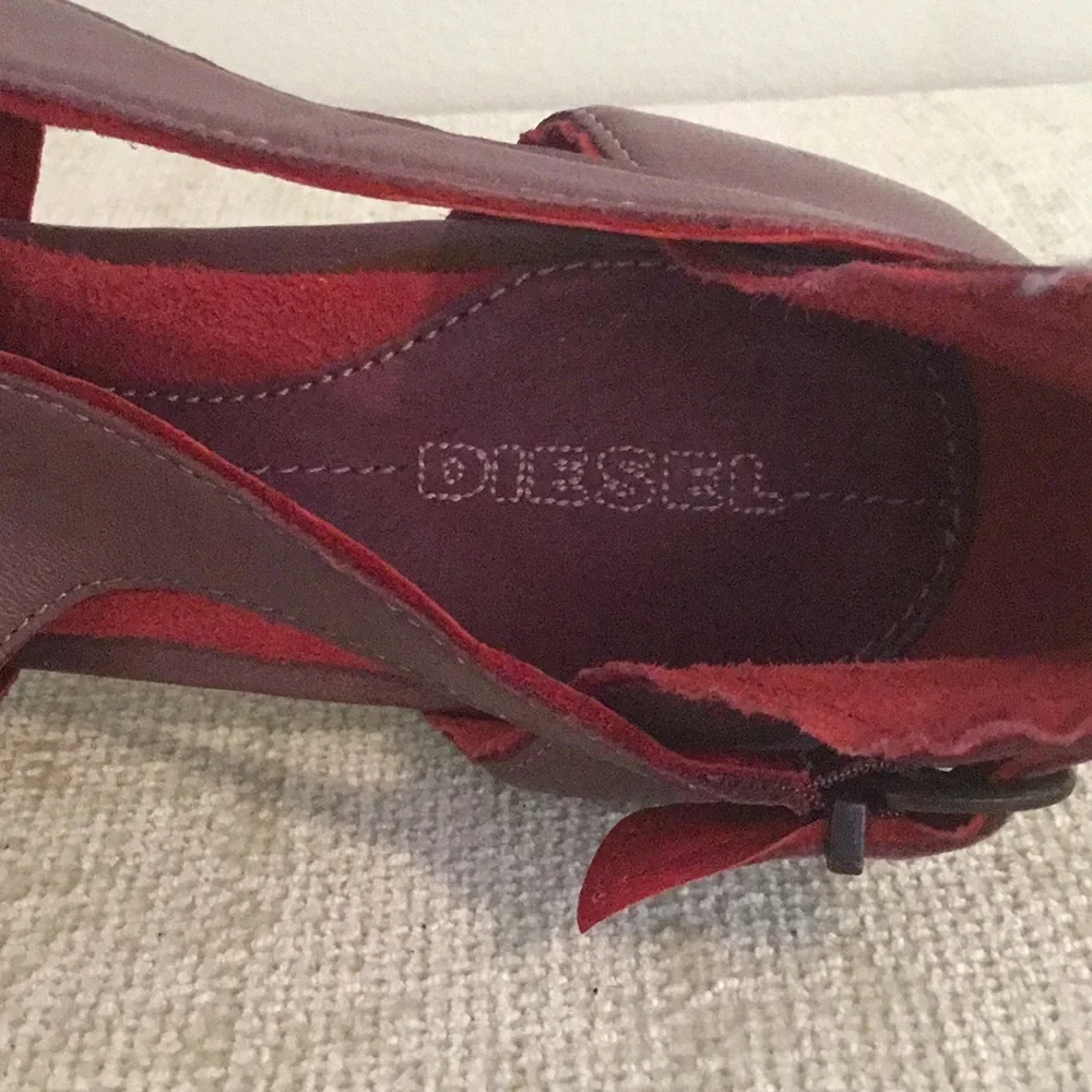 Diesel Purple Leather T-Strap High Heels with Red Accents